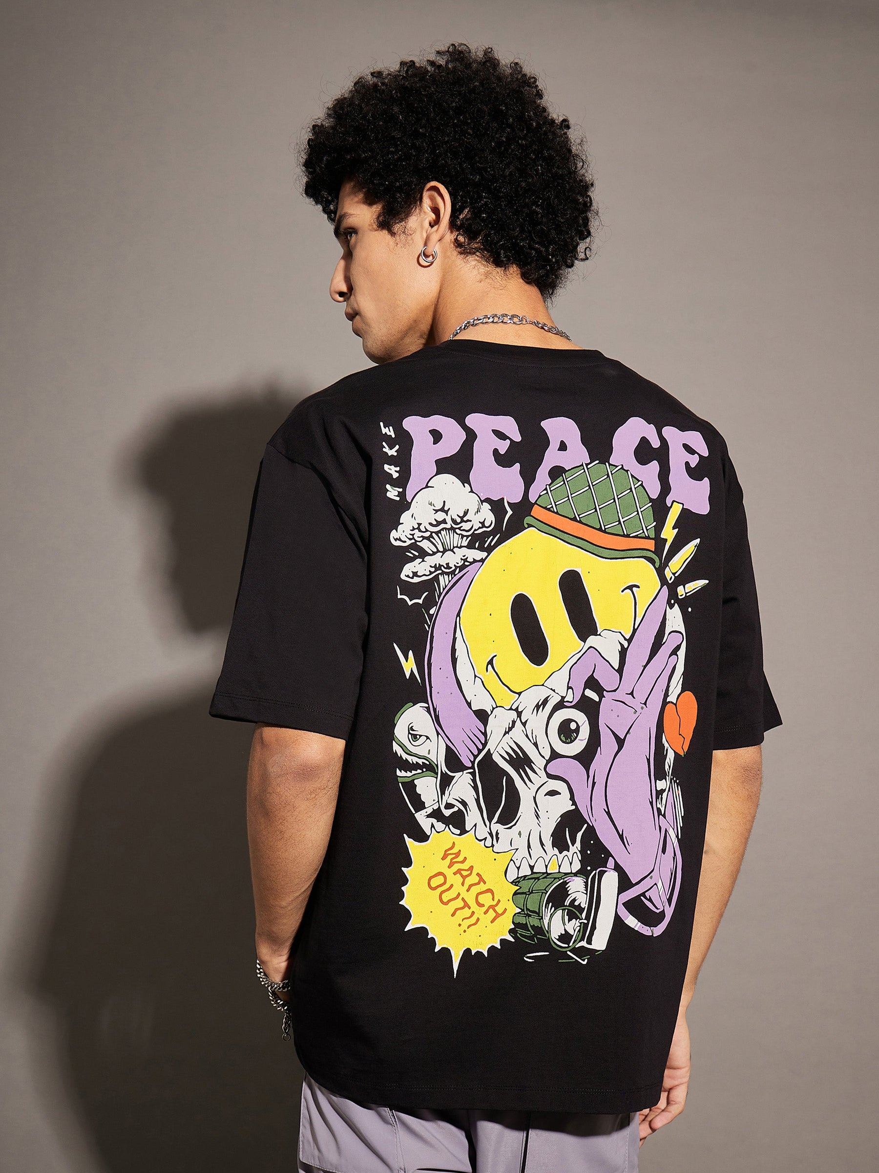 Unisex Black PEACE Oversized T-Shirt-MASCLN SASSAFRAS