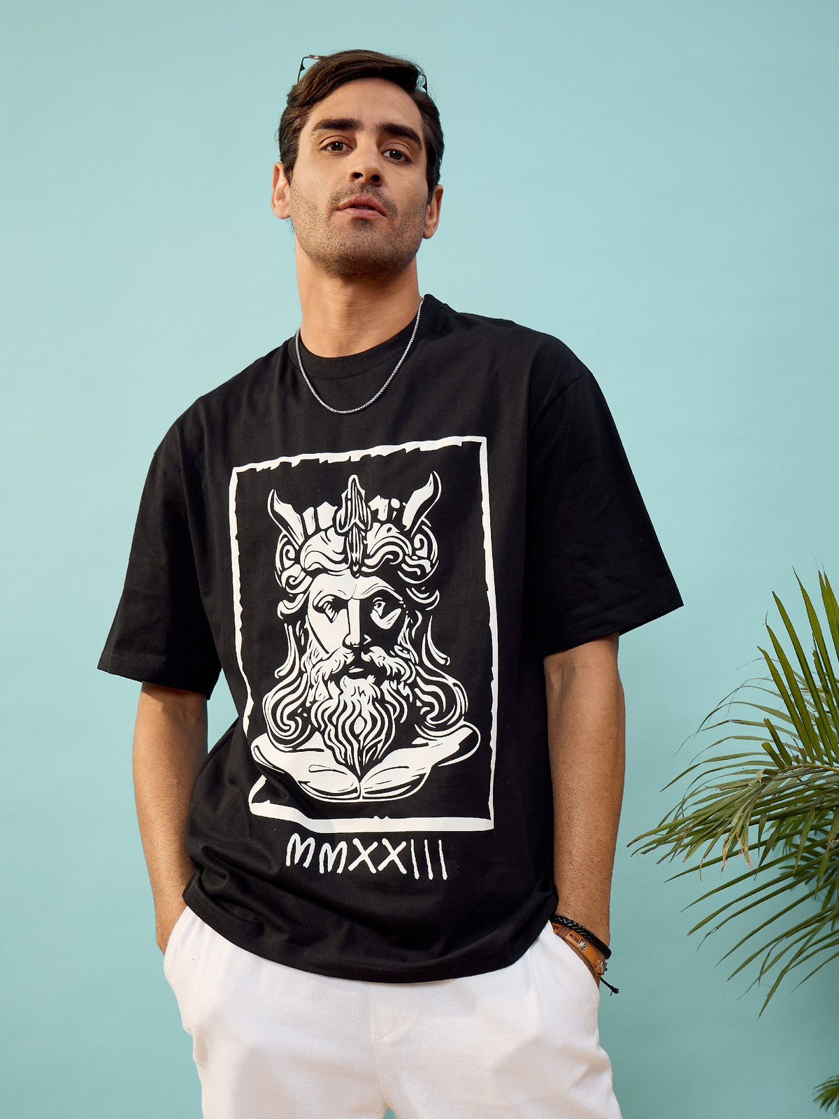 Unisex Black Roman Print Oversize T-Shirt-MASCLN SASSAFRAS