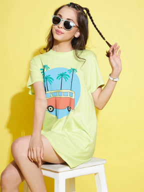 Girls Green Bus Print T-Shirt Dress