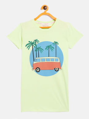 Girls Green Bus Print T-Shirt Dress