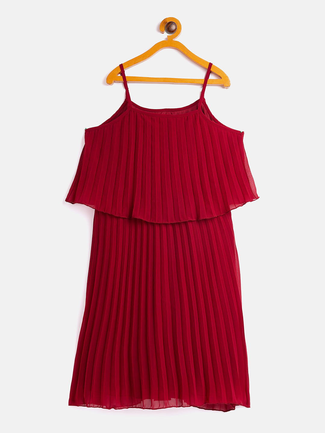 Girls Maroon Pleated Strappy Dress