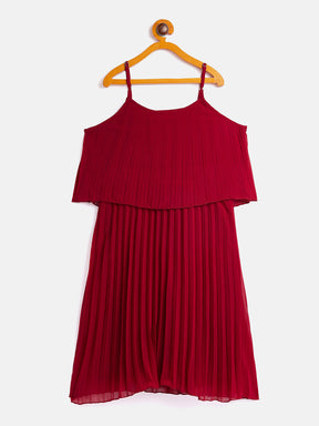 Girls Maroon Pleated Strappy Dress