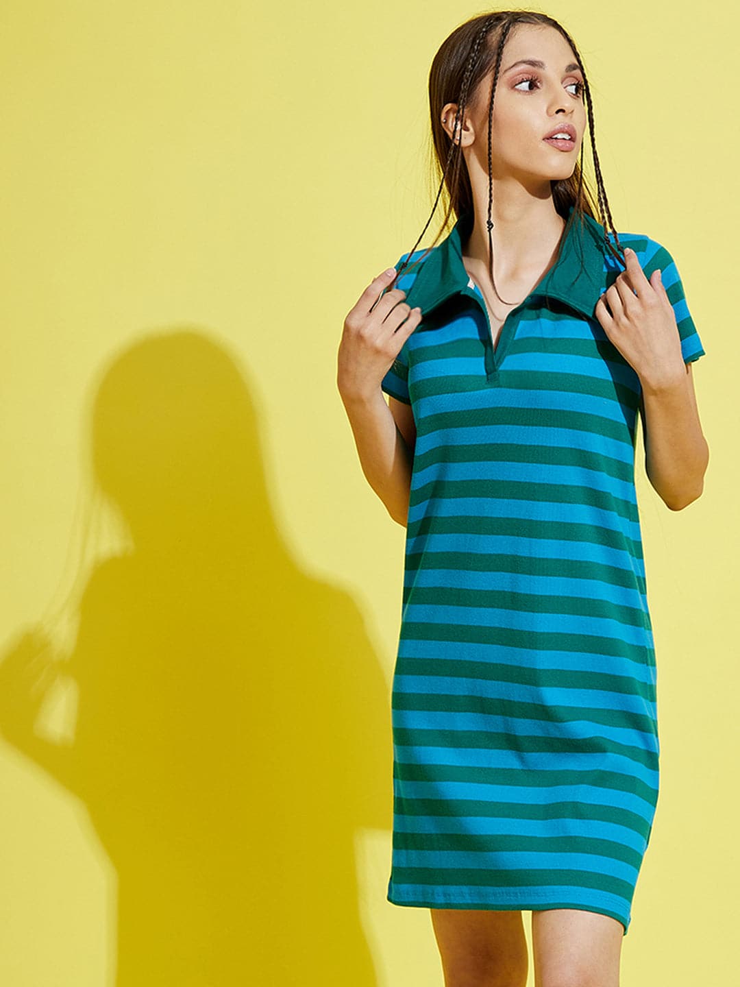 Girls Blue & Green Stripes Rib Polo Neck Dress-Girls Dresses-SASSAFRAS