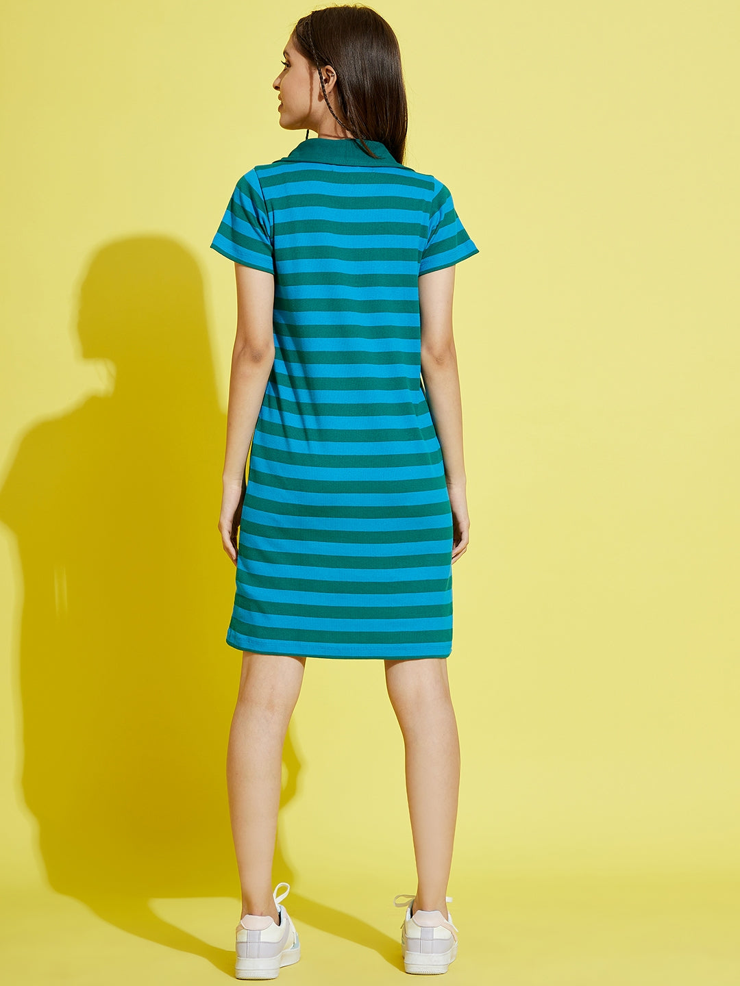 Girls Blue & Green Stripes Rib Polo Neck Dress