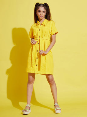 Girls Yellow Front Button Denim Shirt Dress