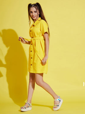 Girls Yellow Front Button Denim Shirt Dress