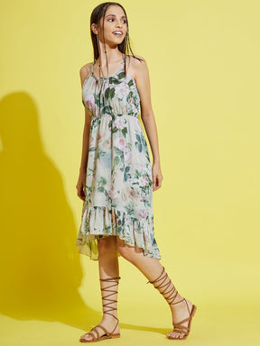 Girls Pista Green Floral Strappy High Low Dress