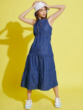 Girls Blue Tencel Front Button Tiered Strappy Dress-Girls Dresses-SASSAFRAS