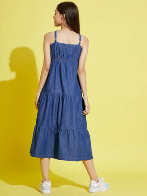 Girls Blue Tencel Front Button Tiered Strappy Dress