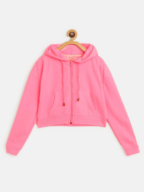 Girls Neon Pink Front Zipper Bomber Jacket-Girls Jacket-SASSAFRAS