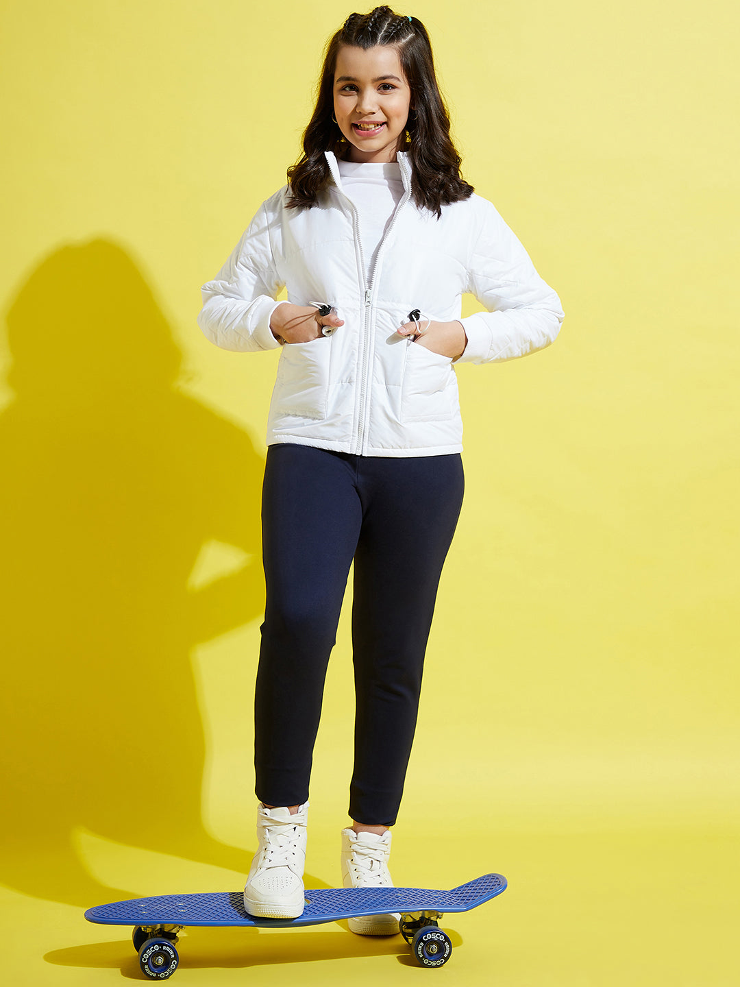 Girls White Front Pocket Quilted Jacket