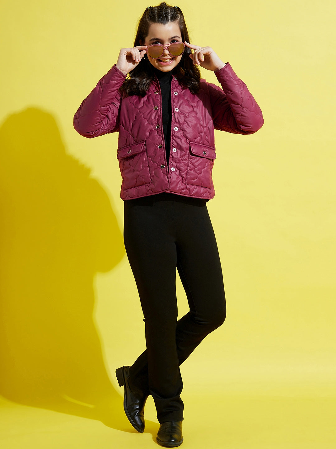 Girls Maroon Snap Button Quilted Jacket