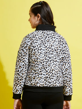 Girls White Leopard Quilted Bomber Jacket