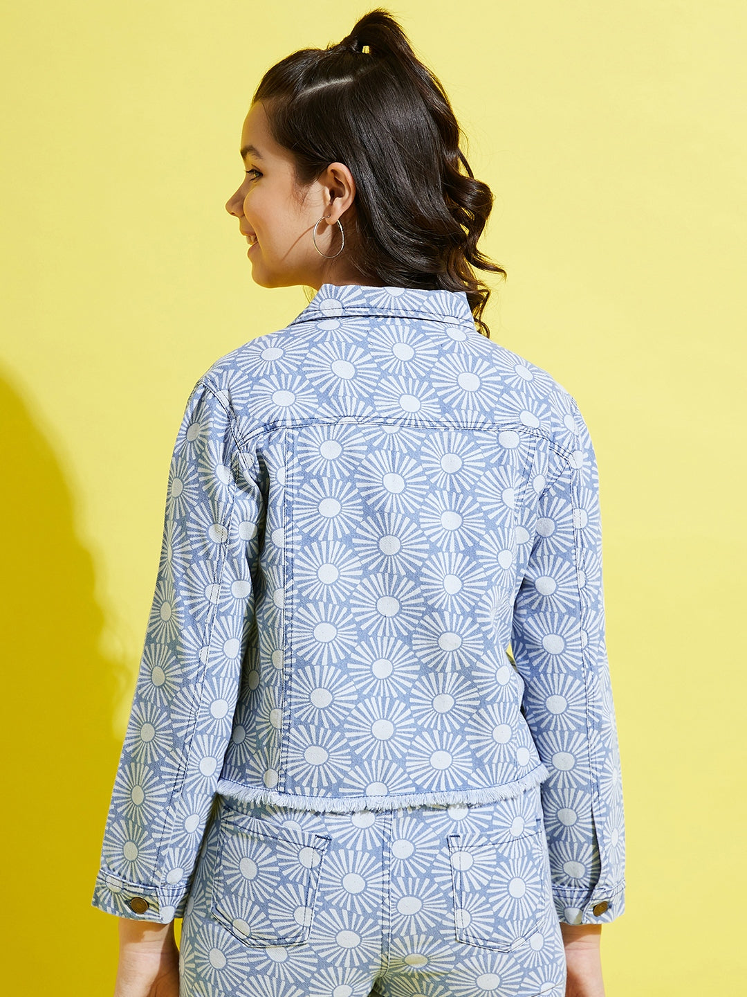 Girls Blue Denim Floral Print Jacket