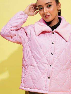Pink Fur Fur Collar Quilted Jacket-Noh.Voh