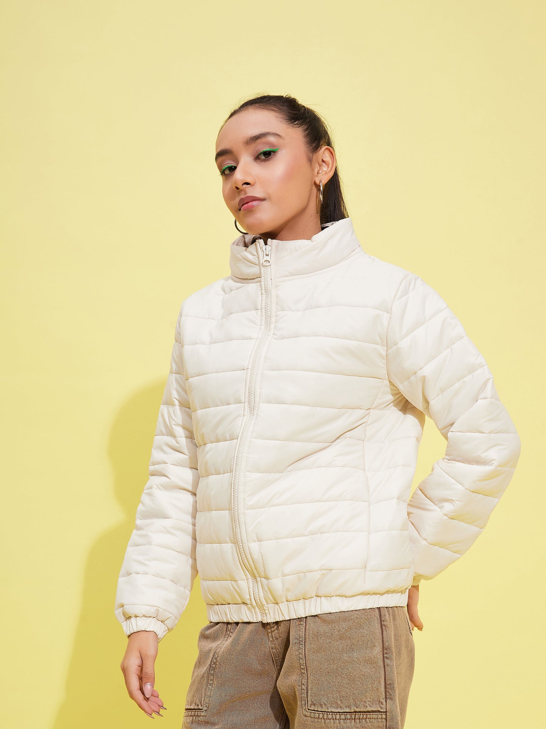 Off White Taffeta Quilted Zipper Jacket-Noh.Voh