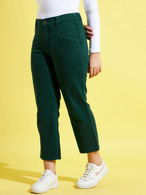Girls Green Front Pocket Straight Jeans