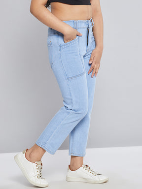 Girls Ice Blue Front Pocket Straight Jeans