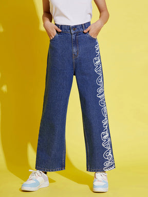 Girls Blue Face Print Straight Jeans