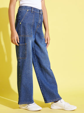 Girls Blue Patch Pocket Straight Jeans