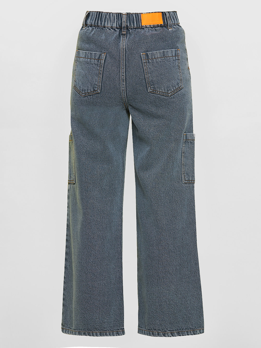 Girls Grey Acid Wash Patch Pocket Straight Jeans