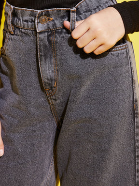 Girls Grey Acid Wash Star Patch Straight Jeans