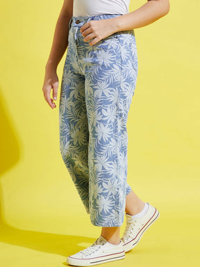 Girls Blue Tropical Print Straight Jeans