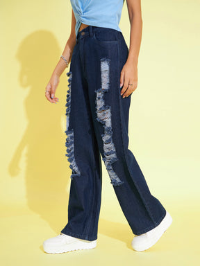 Navy Distress Straight Jeans-Noh.Voh