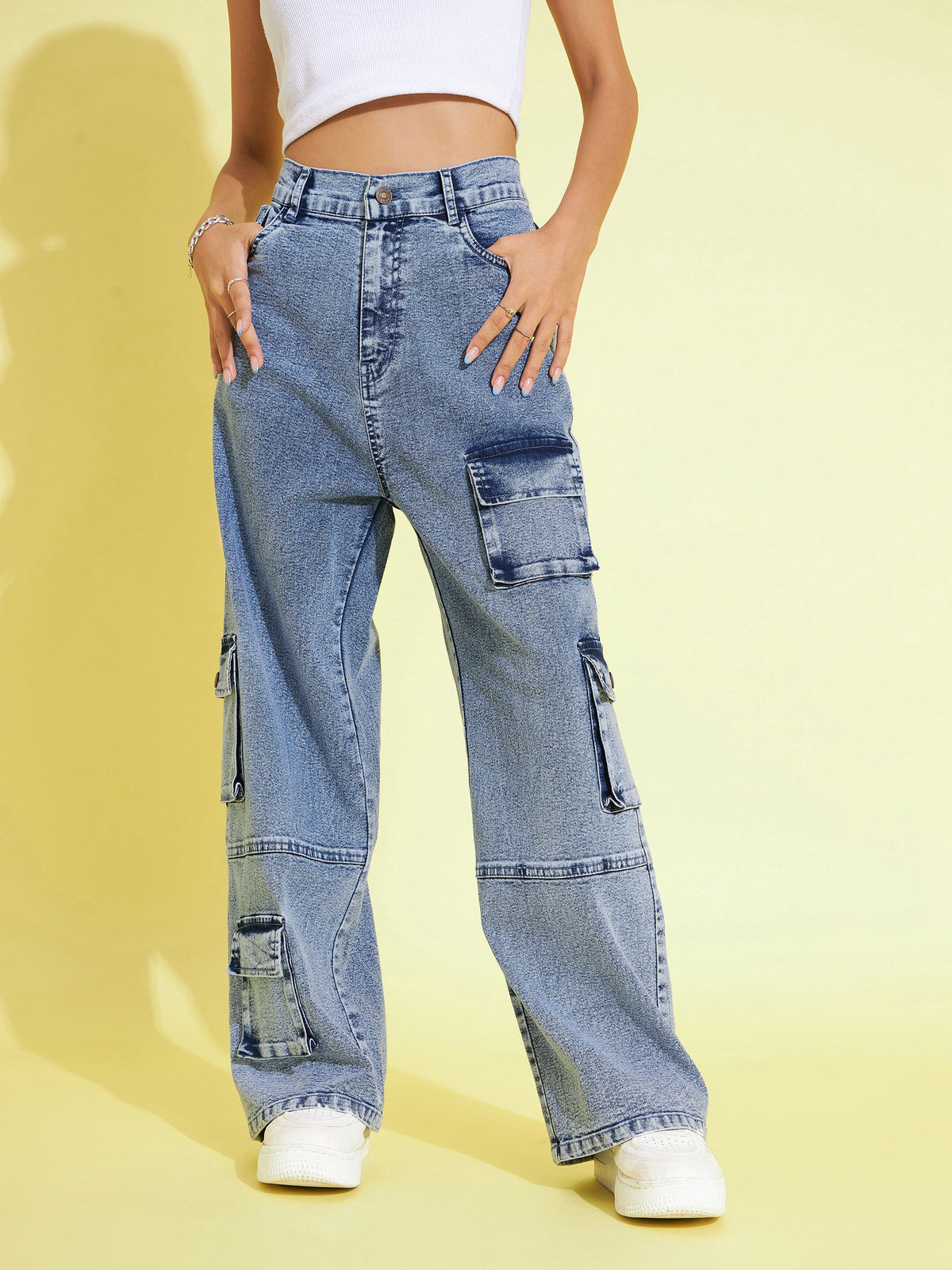 Blue Acid Wash Multi Pockets Straight Jeans-Noh.Voh