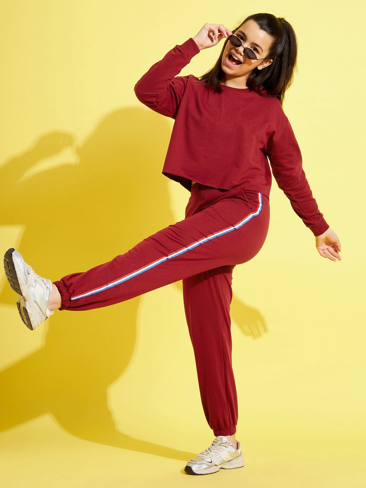 Girls Maroon Terry Side Tape Joggers