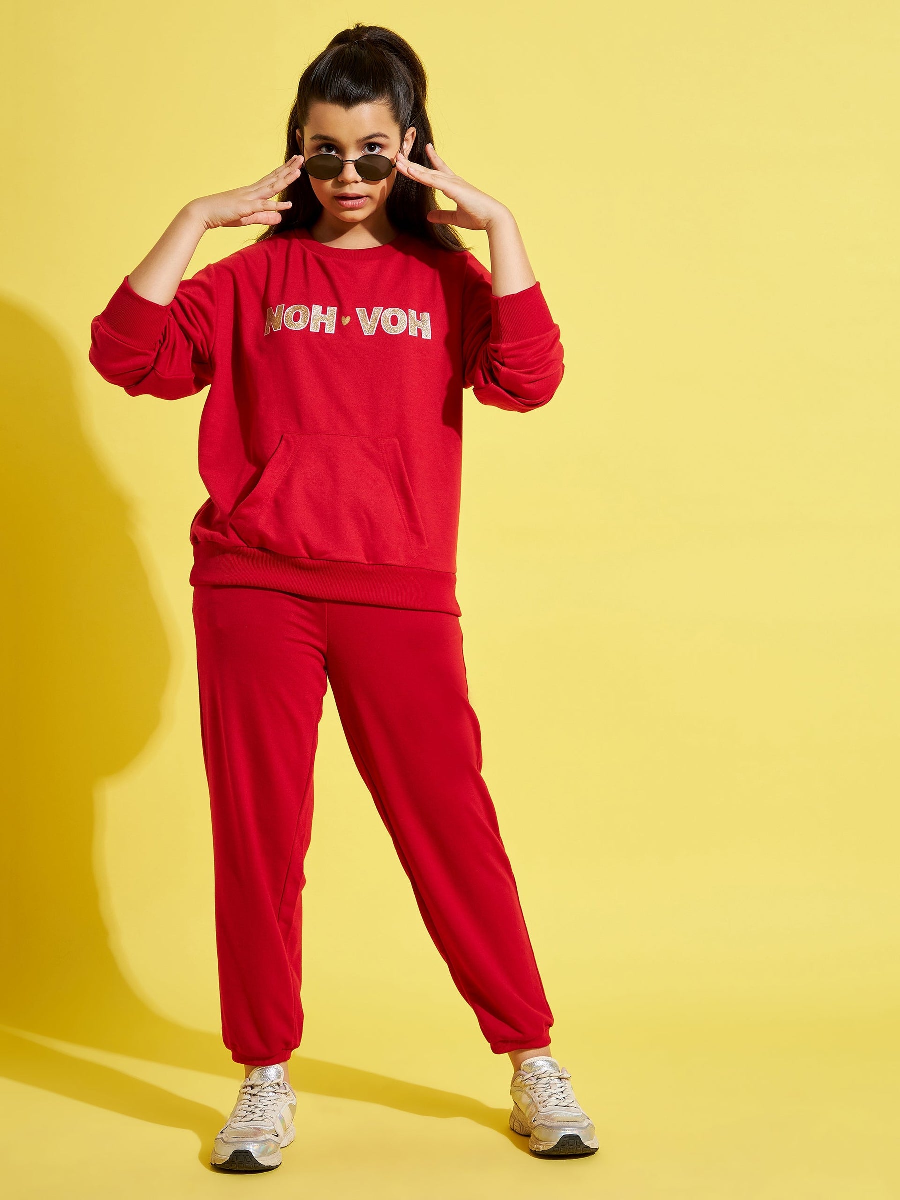 Girls Red Solid Basic Joggers