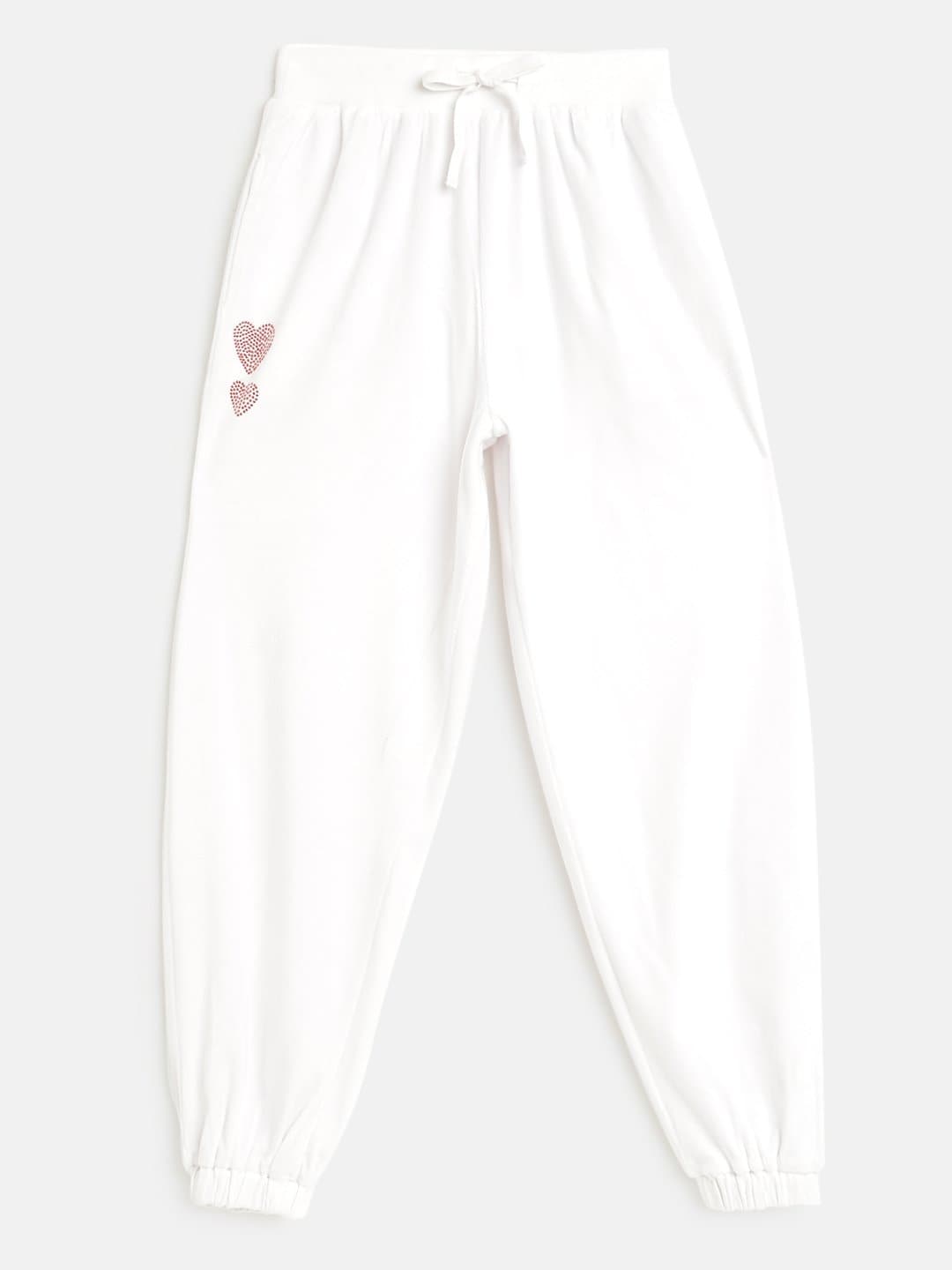 Girls White Velour Studded Heart Detail Joggers-Girls Track Pants-SASSAFRAS
