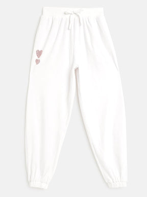 Girls White Velour Studded Heart Detail Joggers-Girls Track Pants-SASSAFRAS
