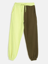 Girls Olive & Neon Green Terry Color Block Joggers-Girls Track Pants-SASSAFRAS