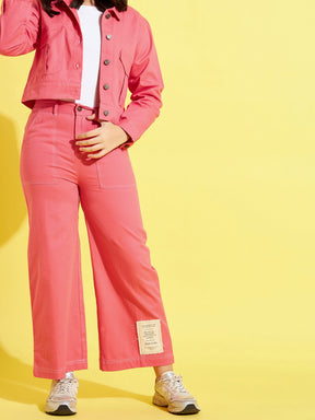 Pink Contrast Thread Twill Straight Pants-Noh.Voh
