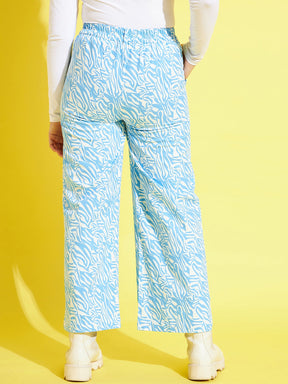 Girls Blue & White Twill Abstract Waves Straight Pants