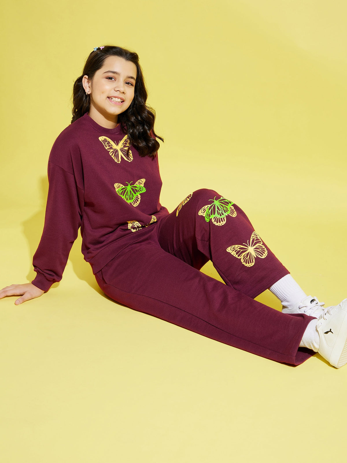 Girls Maroon Terry Butterfly Paper Bag Track Pants