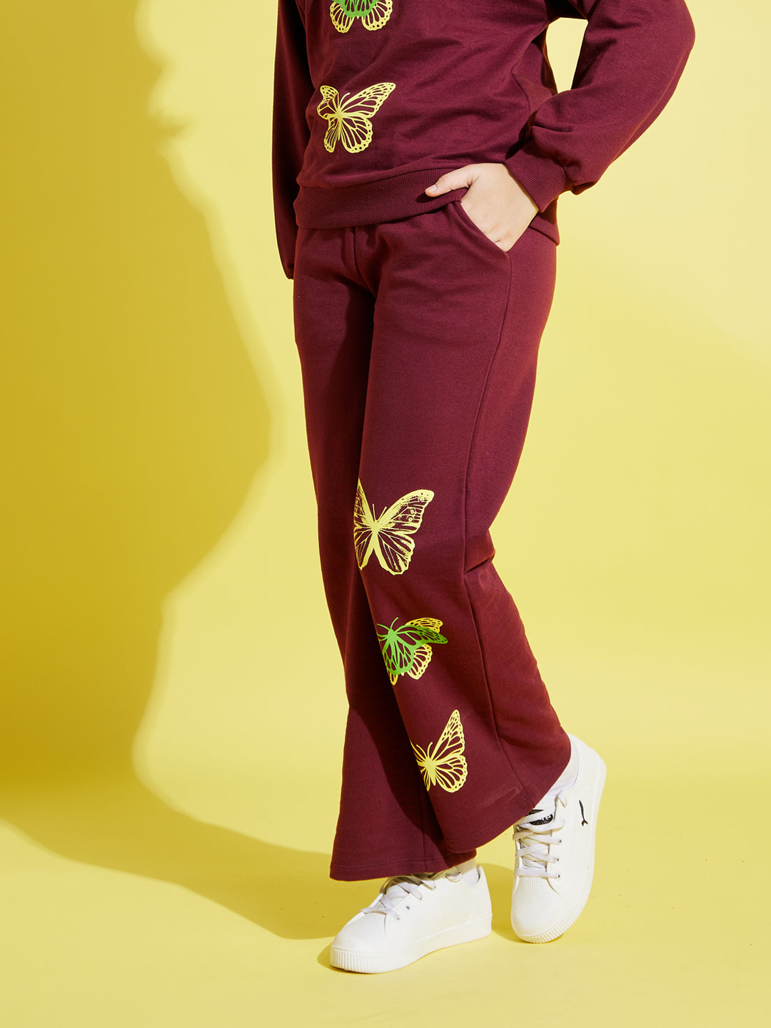 Girls Maroon Terry Butterfly Paper Bag Track Pants