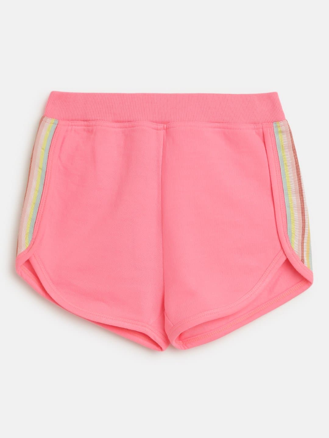 Girls Neon Pink Fleece Rainbow Tape Detail Shorts-Girls Shorts-SASSAFRAS