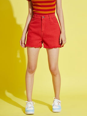 Girls Red Side Tape Raw Hem Denim Shorts-Girls Shorts-SASSAFRAS