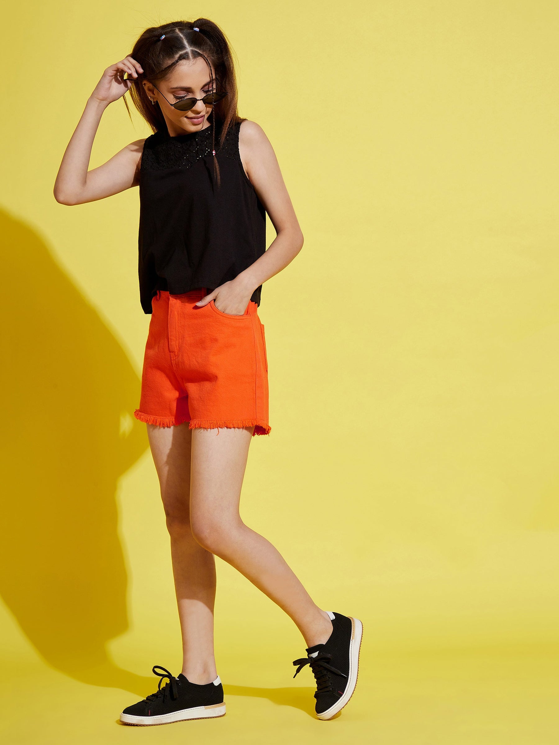 Girls Orange Raw Hem Denim Shorts