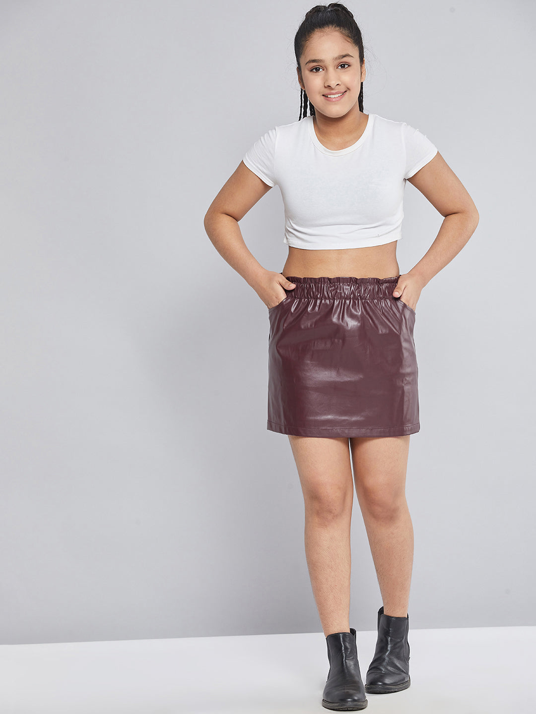 Girls Maroon Paperbag Waist PU Skirt