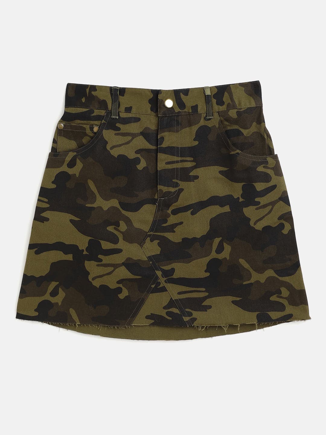 Girls Camouflage Twill Raw Hem Mini Skirt-Girls Skirts-SASSAFRAS