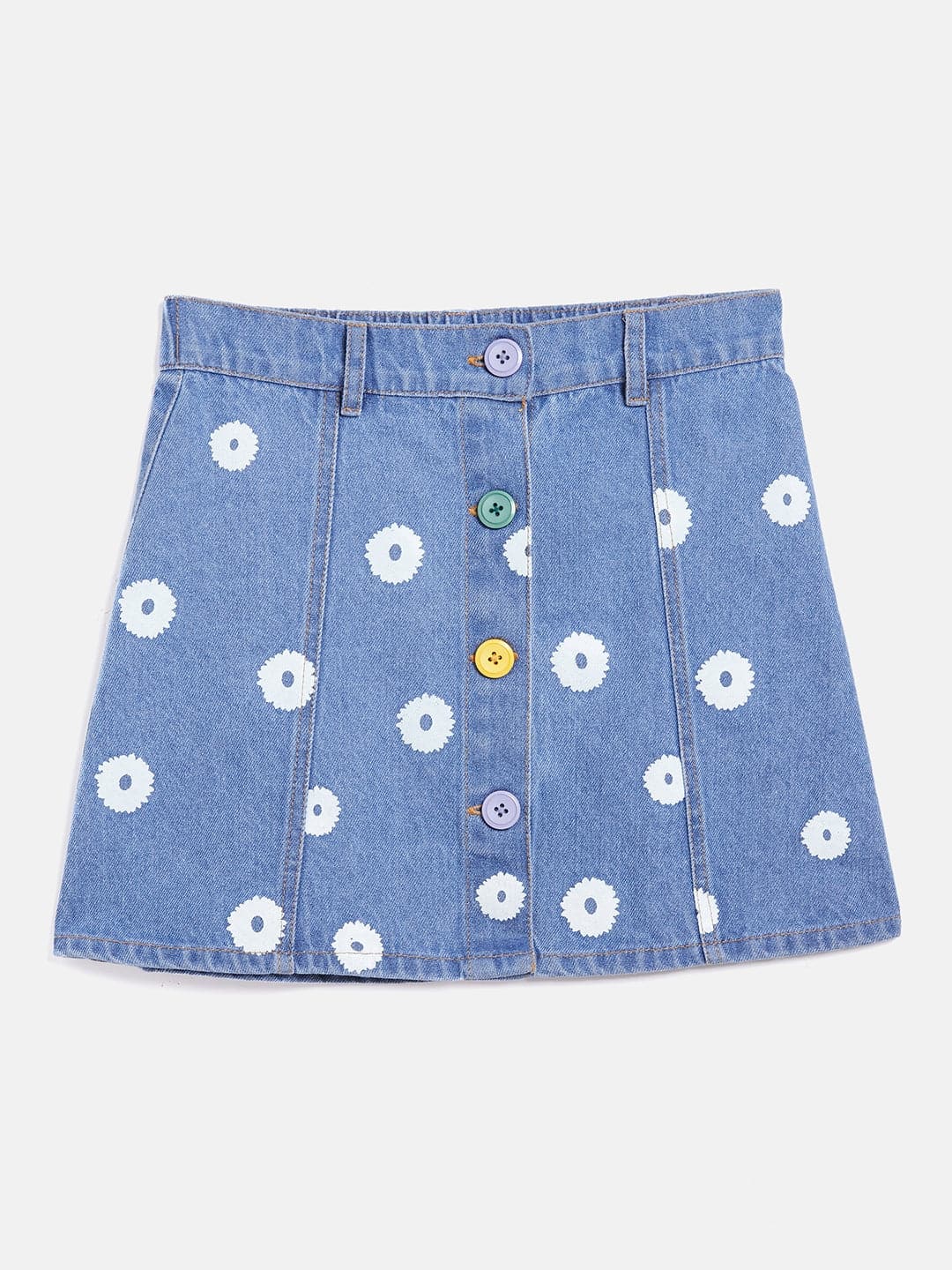 Girls Ice Blue Flower Print Denim Mini Skirt-Girls Skirts-SASSAFRAS
