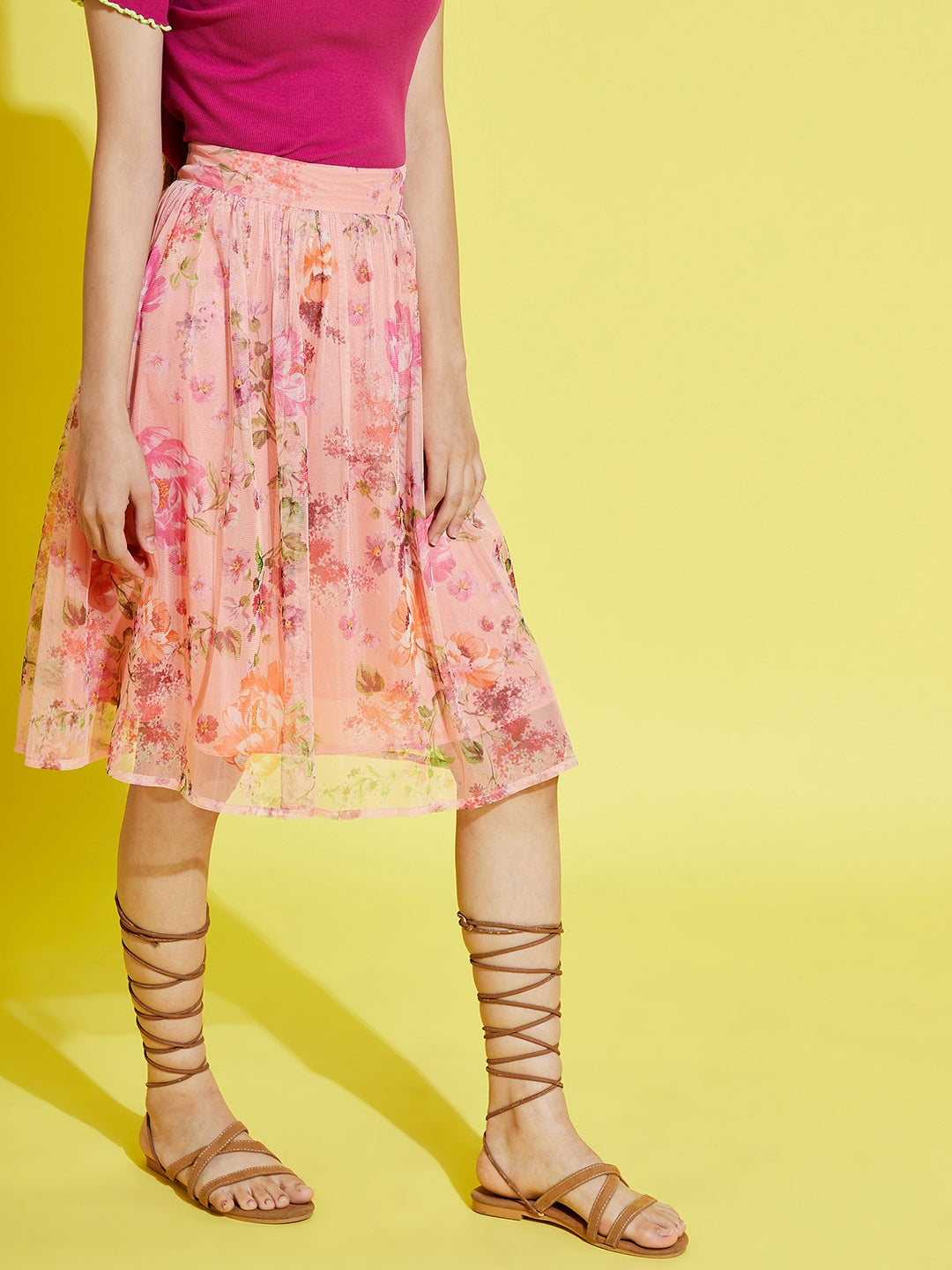Girls Peach Floral Tulle Gathered Skirt
