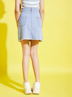 Girls Ice Blue Front Pocket Denim Mini Skirt