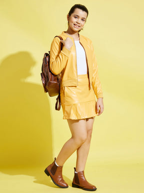 Girls Yellow PU Pleated Skirt