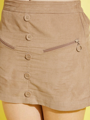 Girls Beige Corduroy Side Zipper Mini Skirt