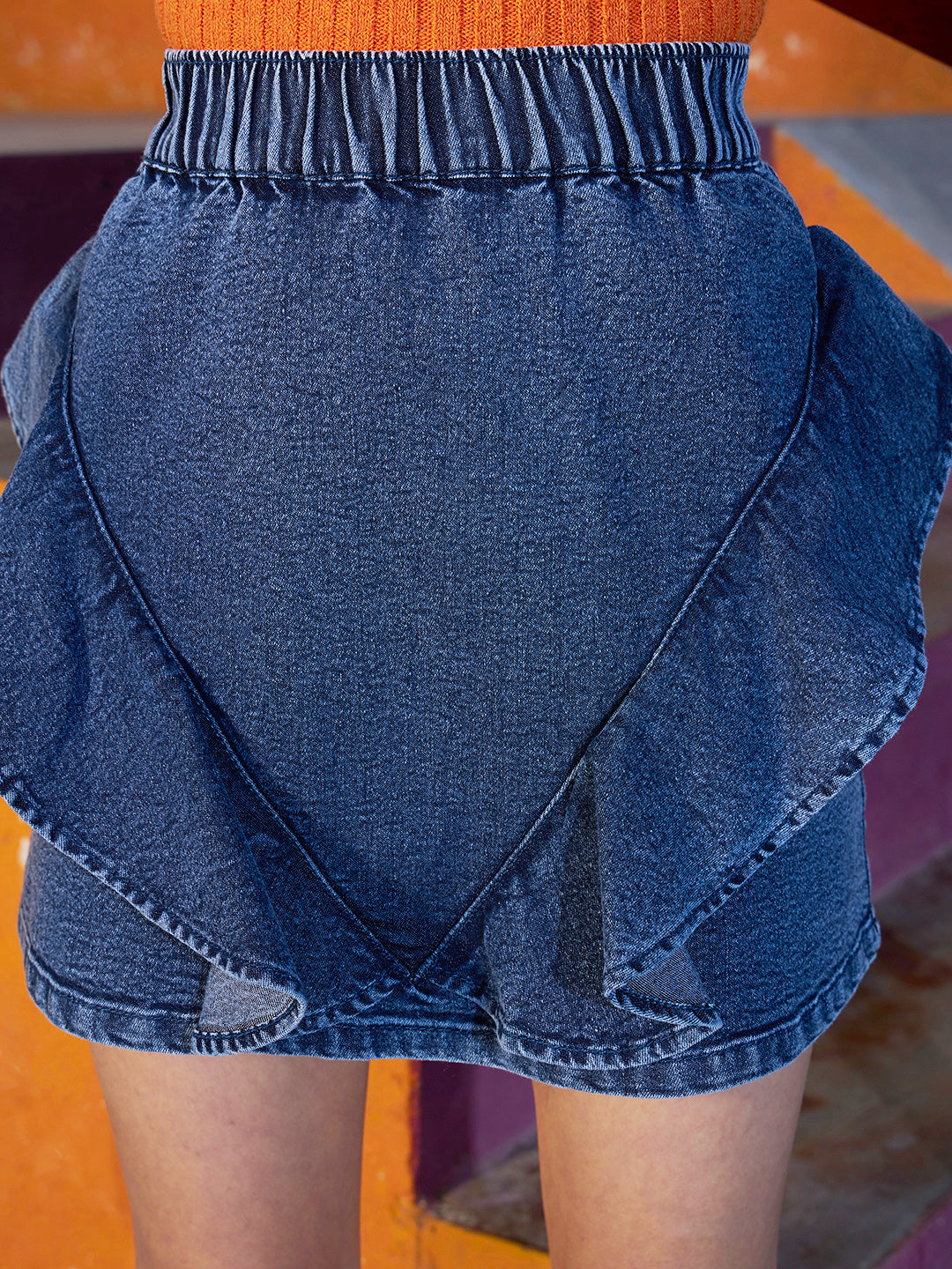 Girls Blue Acid Wash Denim Frill Mini Skirt
