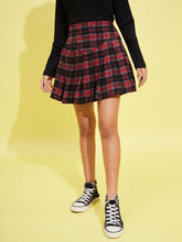 Red & Navy Check Front Yoke Pleated Skirt-Noh.Voh
